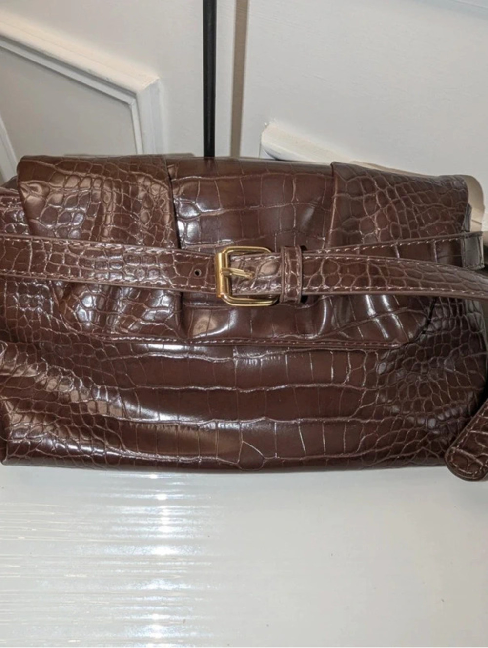 Chocolate Faux Crocodile Bag - Clutch with Shoulder Strap